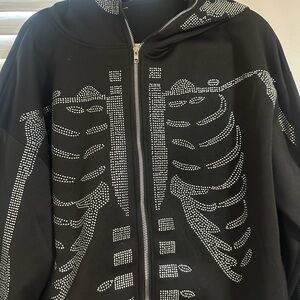 Black Hoodie with Rhinestone Skeleton Design